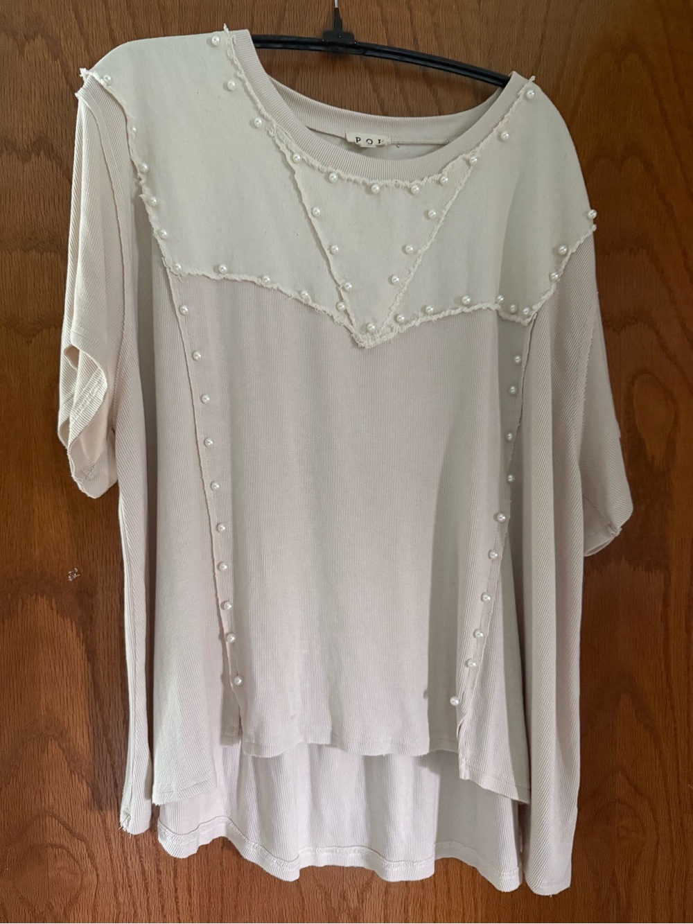POL Cream Short Sleeve Top with Pearl Trim